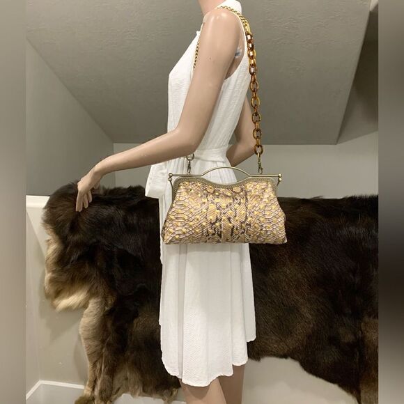 Handsewn Genuine Embossed Leather, Double Kisslock & Top Handle Bag, Crossbody - Picture 2 of 16